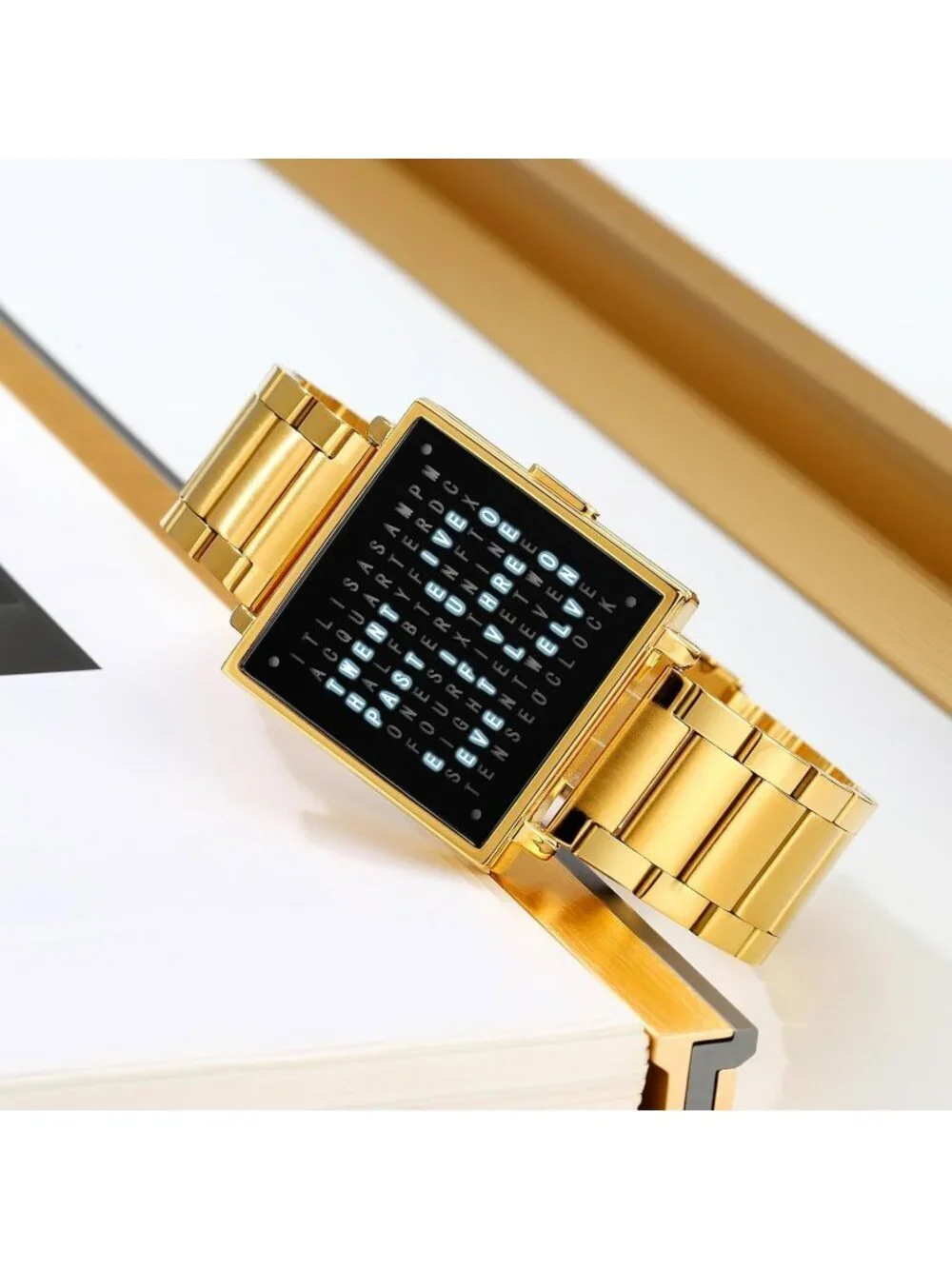 Men's Gold Analog Stainless Steel Multifunctional Waterproof Square Wrist Watch
